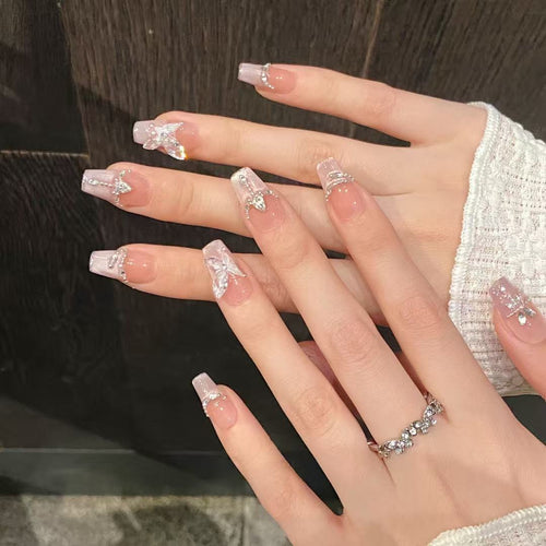 Ethereal 3D Ice-Butterfly & Shimmering Crystal Fringe Garland Fake Nails