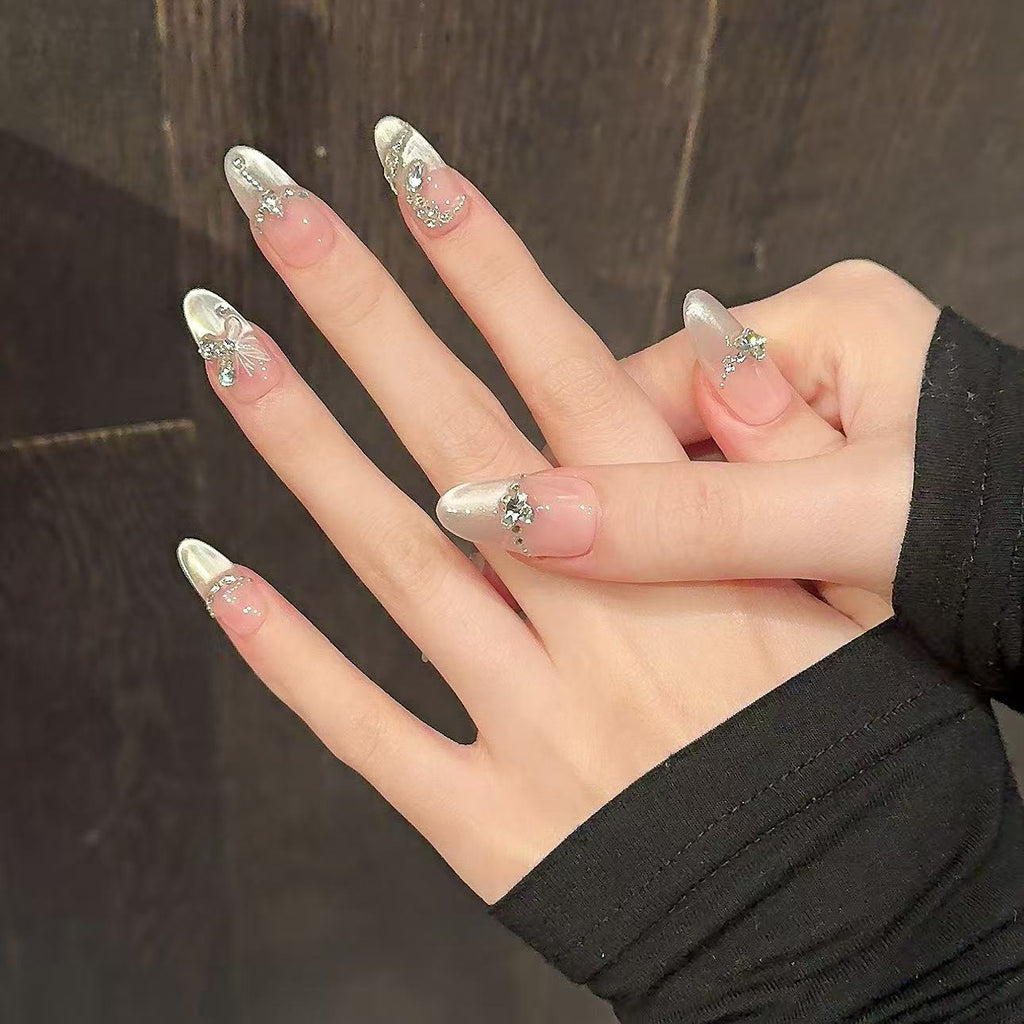 Luxury Handcrafted Champagne Liquid-Sand Mermaid Press-On Nails | Elegant Pearl Gradient Glitter & Glossy Gel Reusable Fake Nails