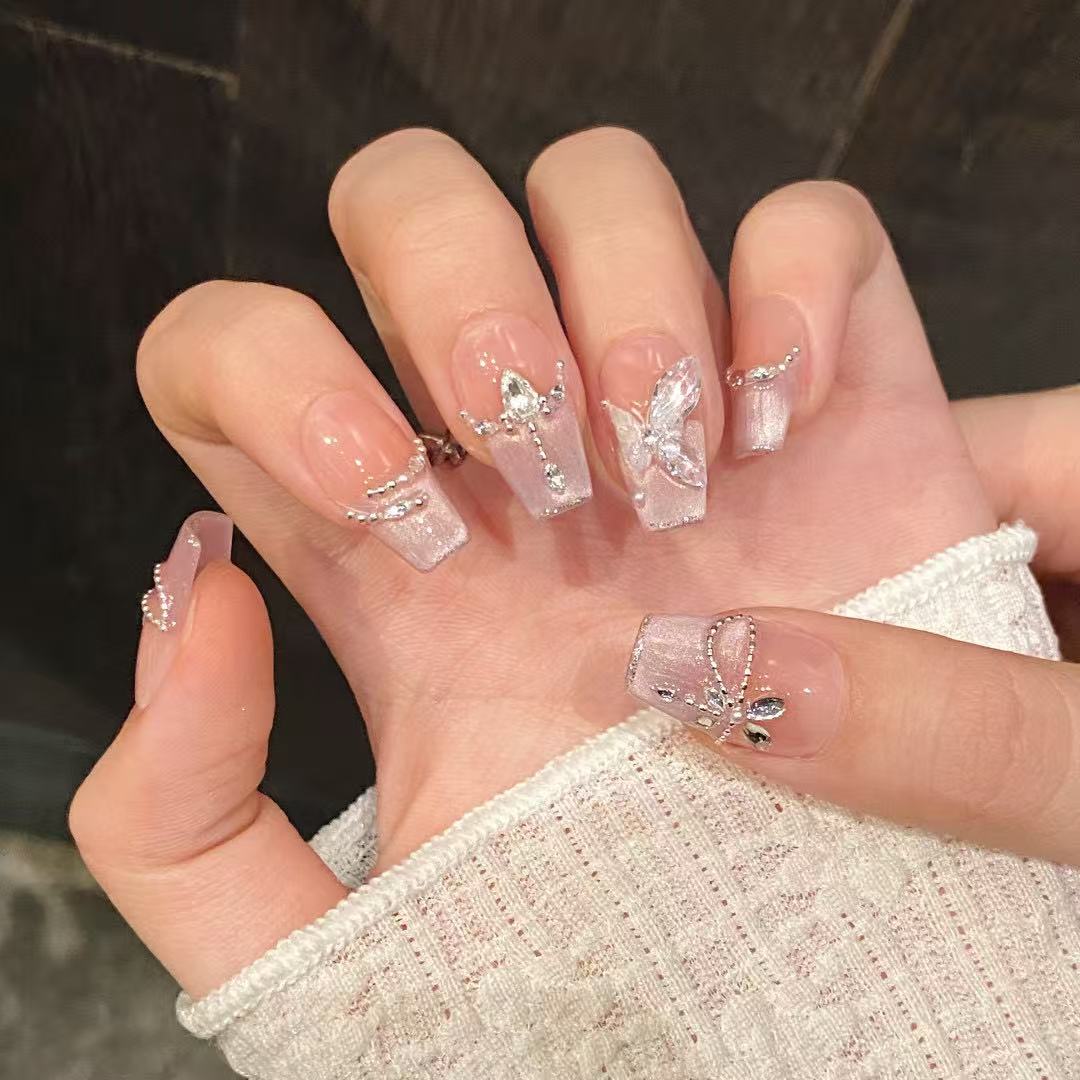 Luxury Handcrafted Champagne Liquid-Sand Mermaid Press-On Nails | Elegant Pearl Gradient Glitter & Glossy Gel Reusable Fake Nails