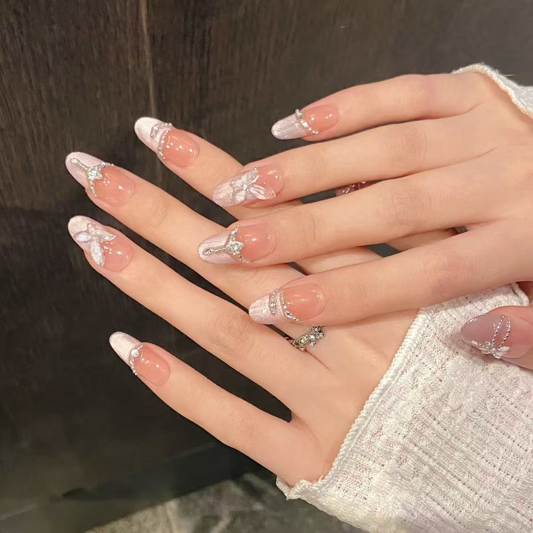 Ethereal 3D Ice-Butterfly & Shimmering Crystal Fringe Garland Fake Nails