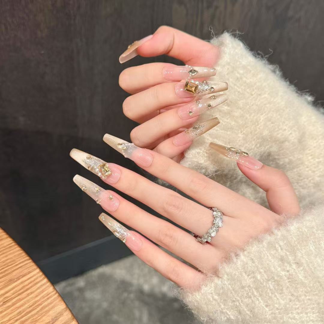 Premium Luxury Crystal Nude Shimmer Handcrafted Nails