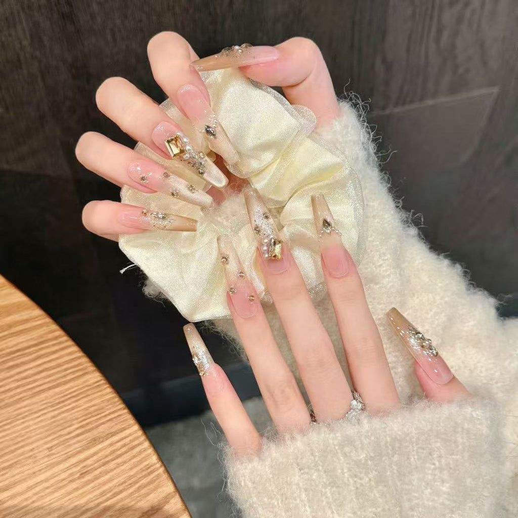 Premium Luxury Crystal Nude Shimmer Handcrafted Nails