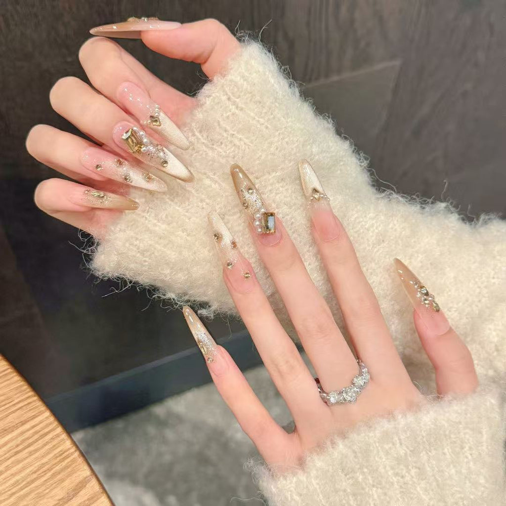 Premium Luxury Crystal Nude Shimmer Handcrafted Nails