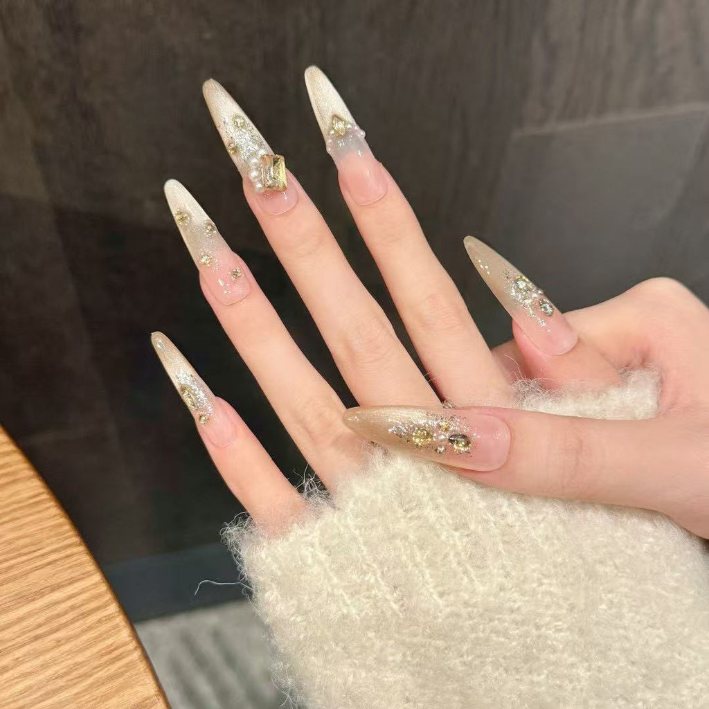 Premium Luxury Crystal Nude Shimmer Handcrafted Nails