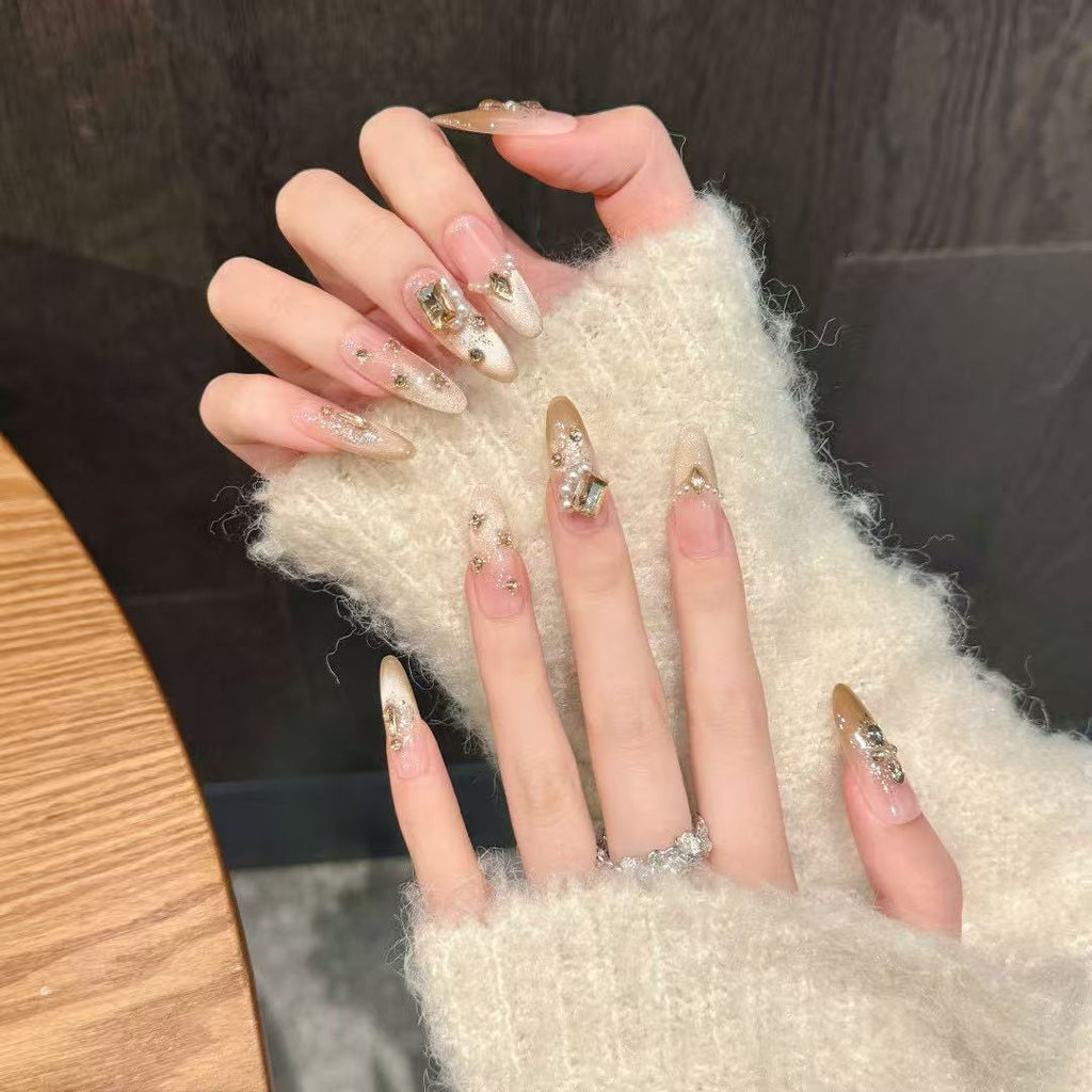 Premium Luxury Crystal Nude Shimmer Handcrafted Nails