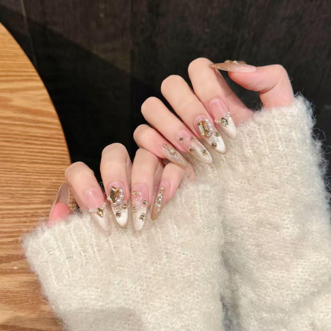 Premium Luxury Crystal Nude Shimmer Handcrafted Nails