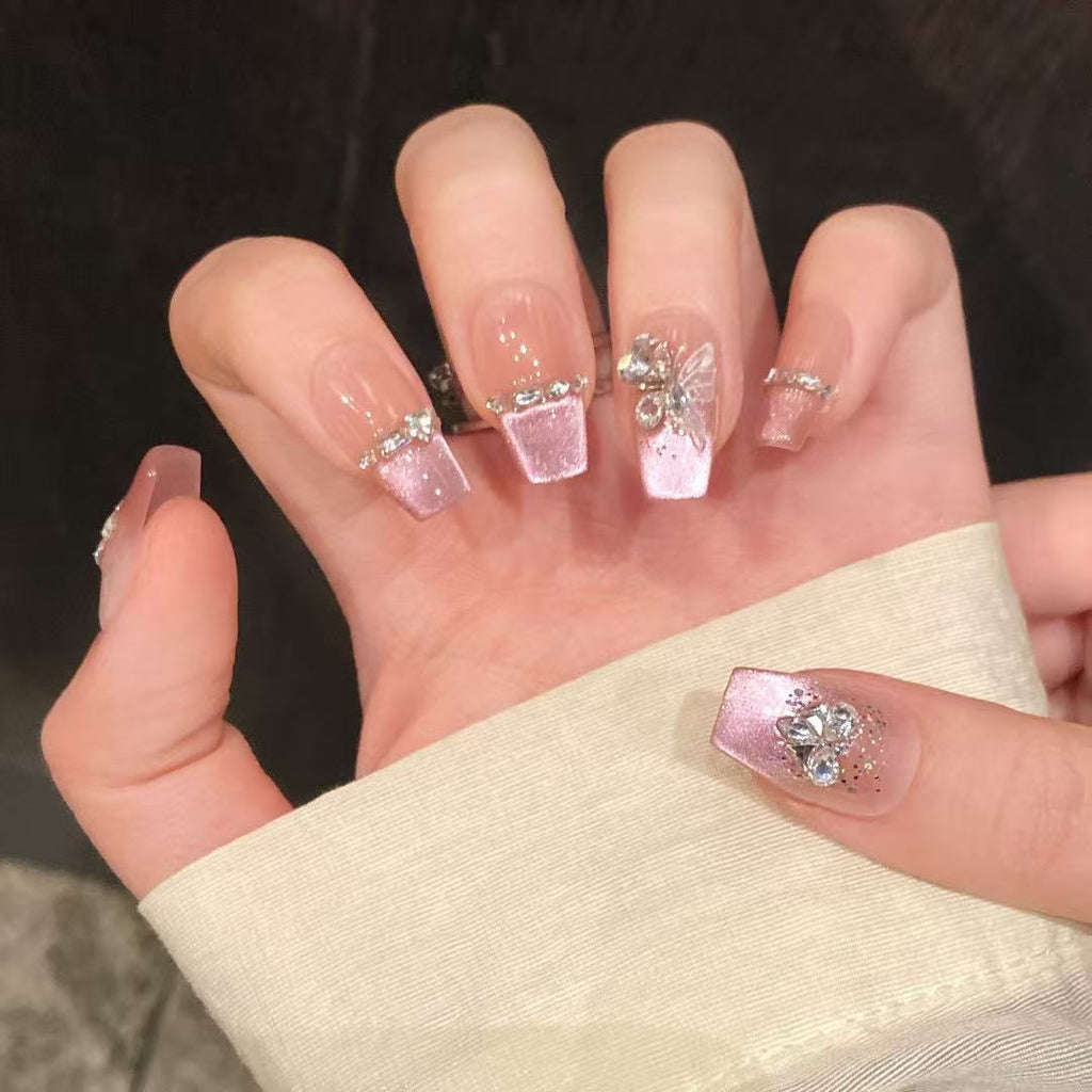 Premium Luxury Crystal Nude Shimmer Handcrafted Nails