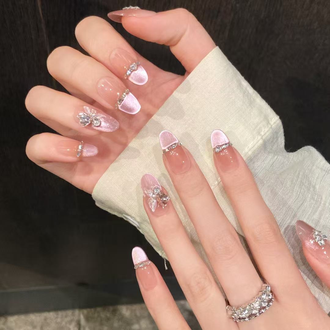 Premium Luxury Crystal Nude Shimmer Handcrafted Nails