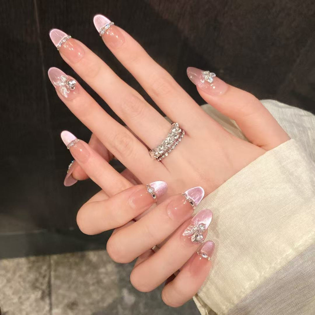 Premium Luxury Crystal Nude Shimmer Handcrafted Nails