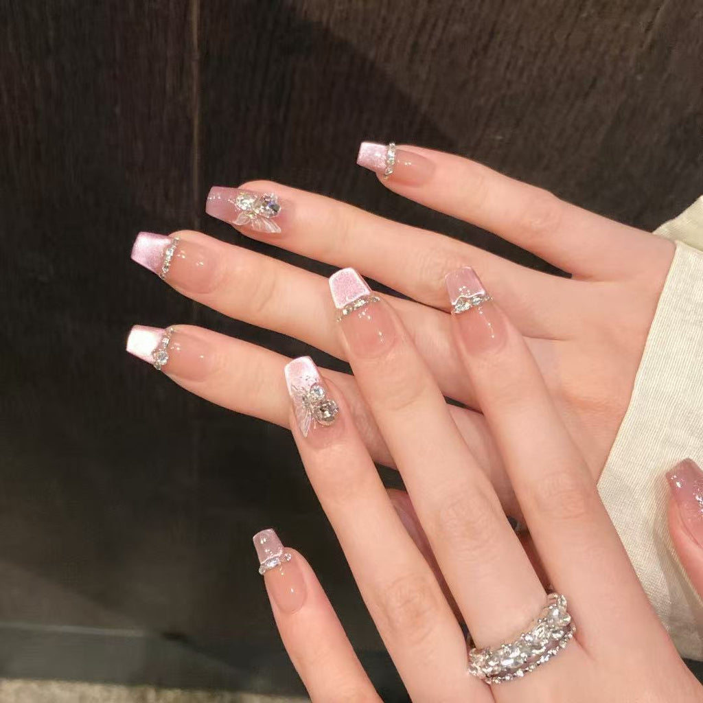 Premium Luxury Crystal Nude Shimmer Handcrafted Nails