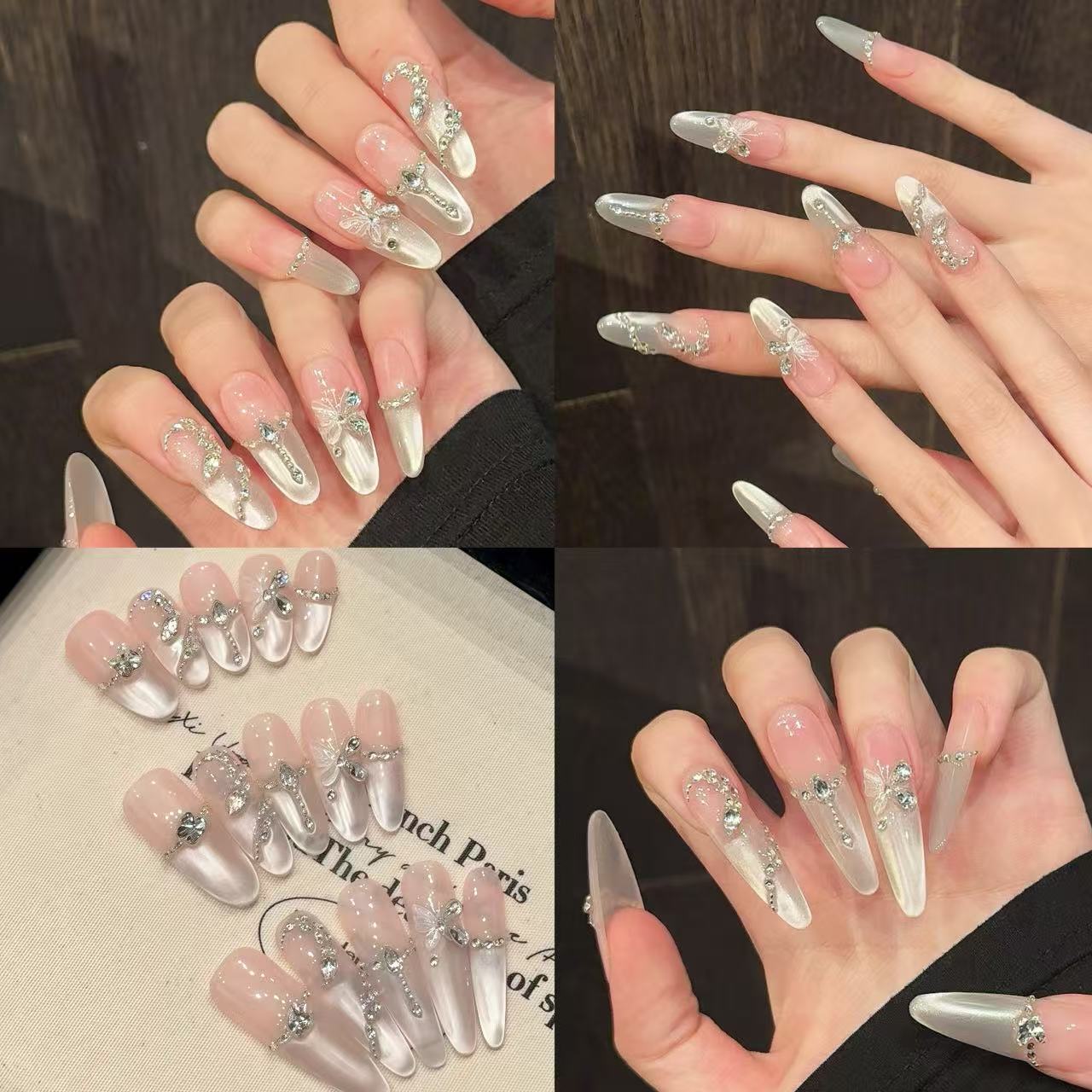 Premium Luxury Crystal Nude Shimmer Handcrafted Nails