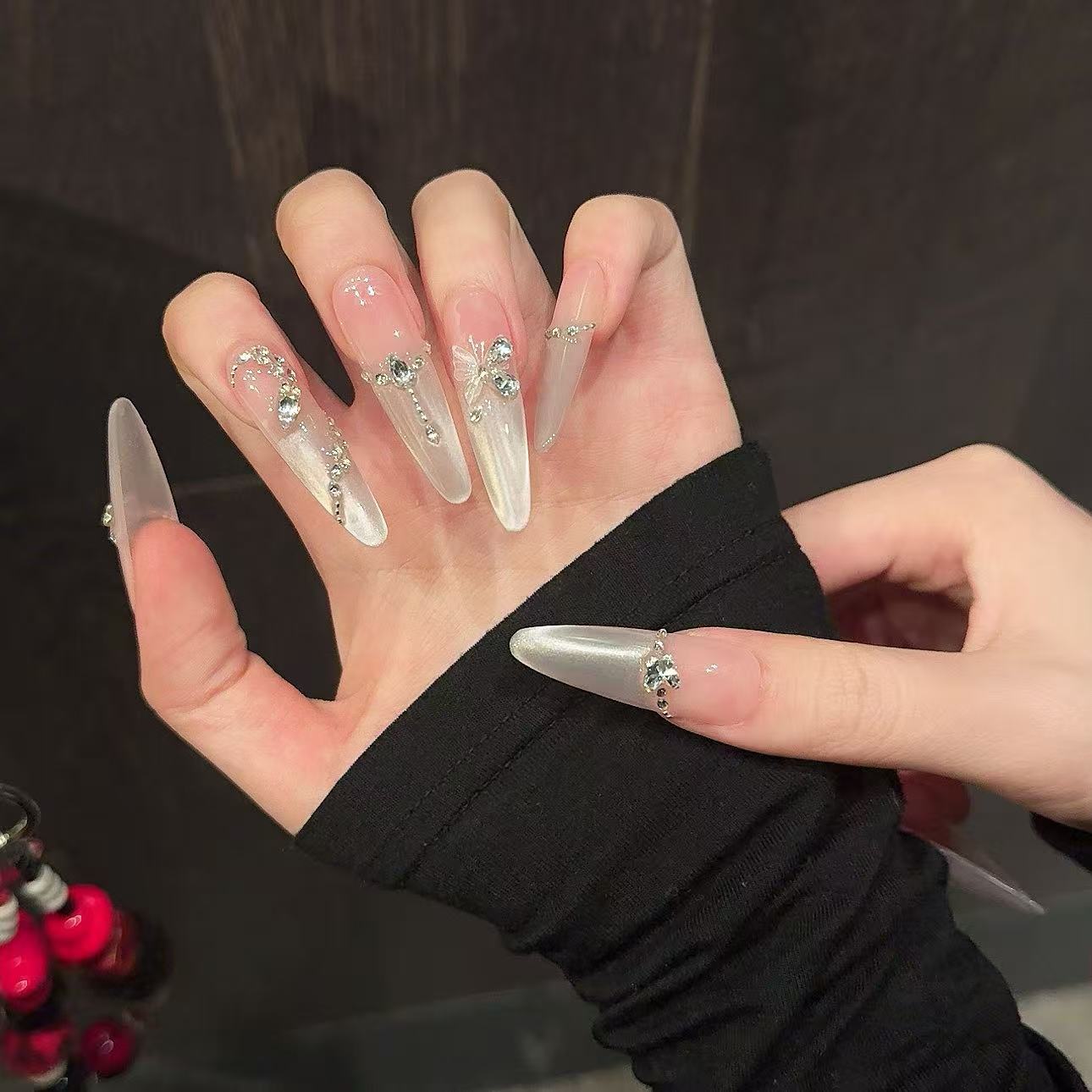 Ethereal 3D Ice-Butterfly & Shimmering Crystal Fringe Garland Fake Nails