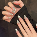 Luxury Handcrafted Champagne Liquid-Sand Mermaid Press-On Nails | Elegant Pearl Gradient Glitter & Glossy Gel Reusable Fake Nails