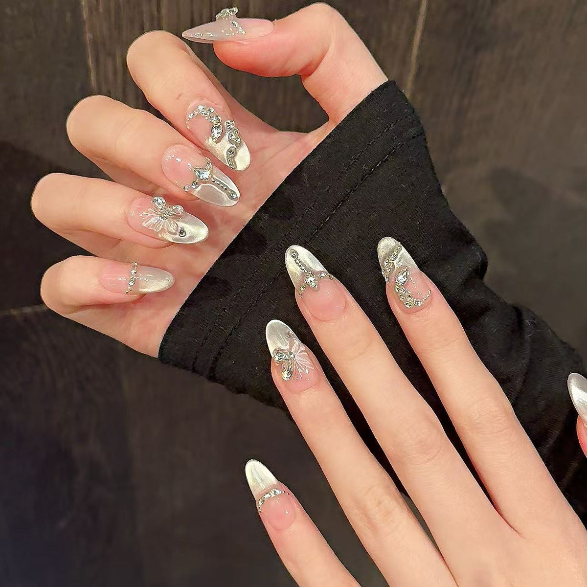 Luxury Handcrafted Champagne Liquid-Sand Mermaid Press-On Nails | Elegant Pearl Gradient Glitter & Glossy Gel Reusable Fake Nails