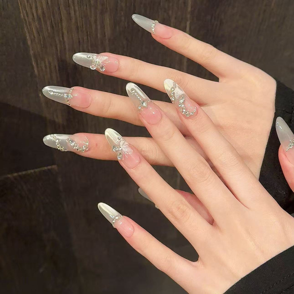 Ethereal 3D Ice-Butterfly & Shimmering Crystal Fringe Garland Fake Nails