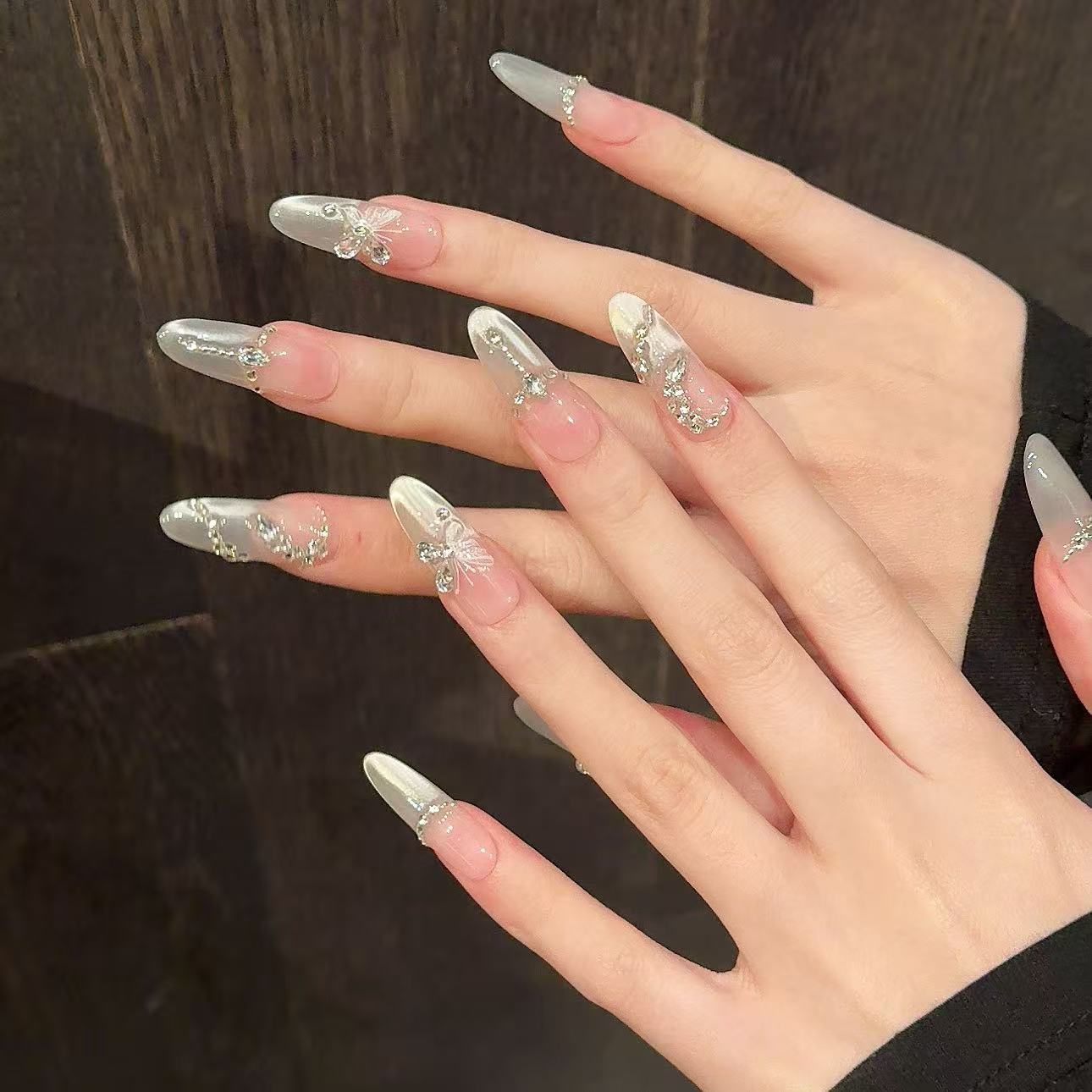 Ethereal 3D Ice-Butterfly & Shimmering Crystal Fringe Garland Fake Nails