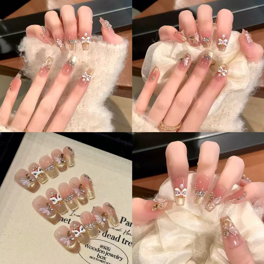 Ethereal 3D Ice-Butterfly & Shimmering Crystal Fringe Garland Fake Nails