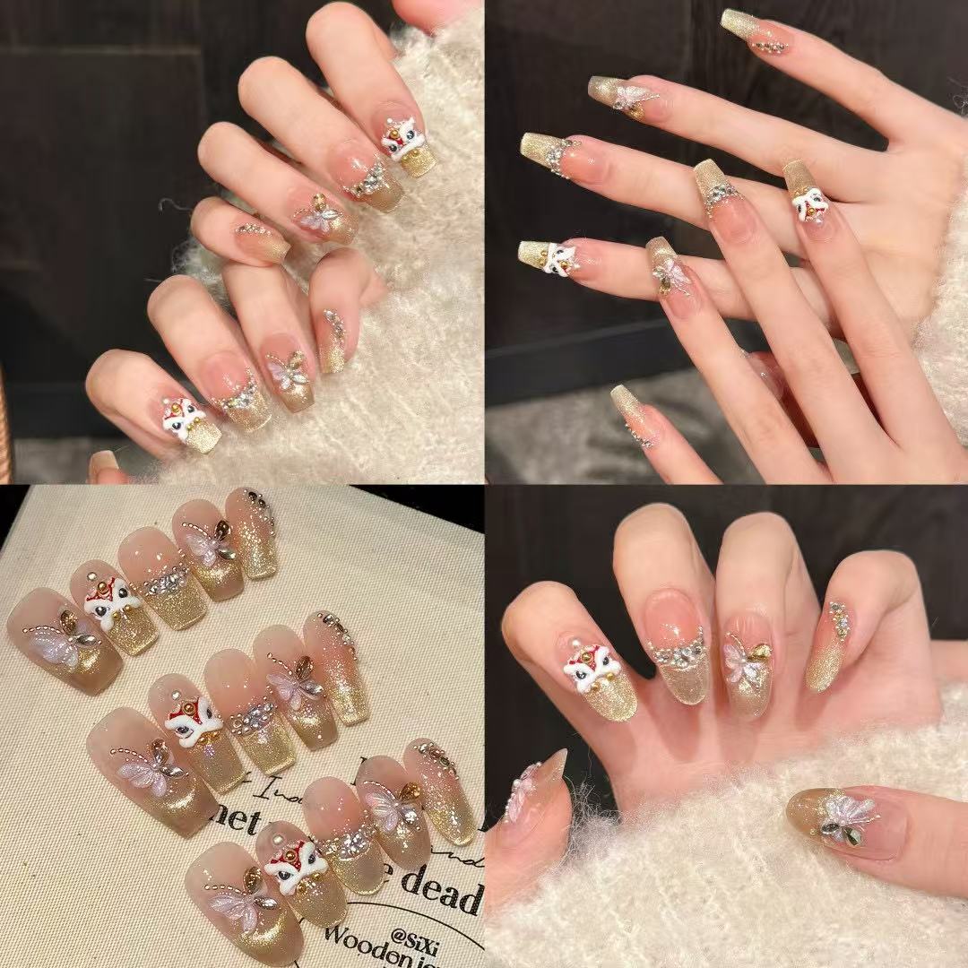Luxury Handcrafted Champagne Liquid-Sand Mermaid Press-On Nails | Elegant Pearl Gradient Glitter & Glossy Gel Reusable Fake Nails